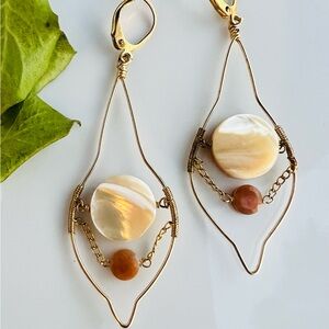14k gf Wire Earrings with Polished shell & Carnelian